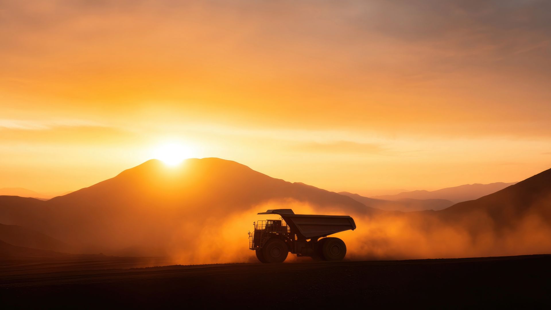 Mining truck driving through quarry at sunset symbolizing TLG Minerals’ strength, reliability, and commitment to sustainable mining operations