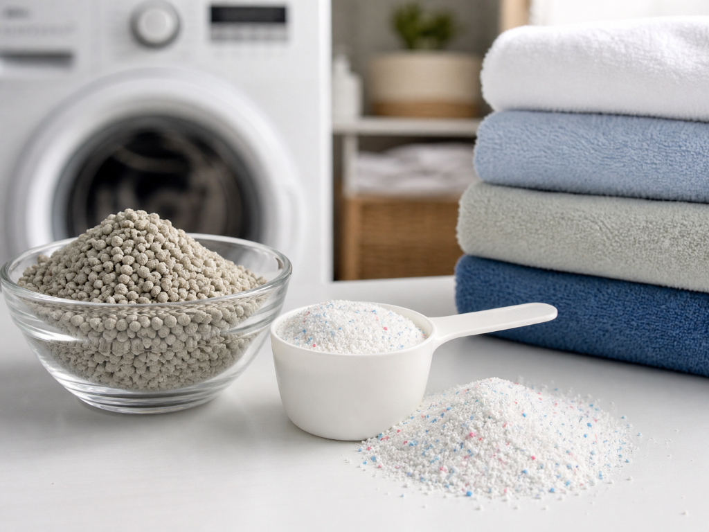 Zeolite granules and laundry detergent powder showing zeolite applications in detergent manufacturing.